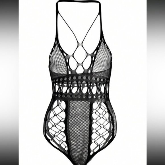 Black Fishnet One Piece Lingerie Bodysuit - Picture 3 of 4